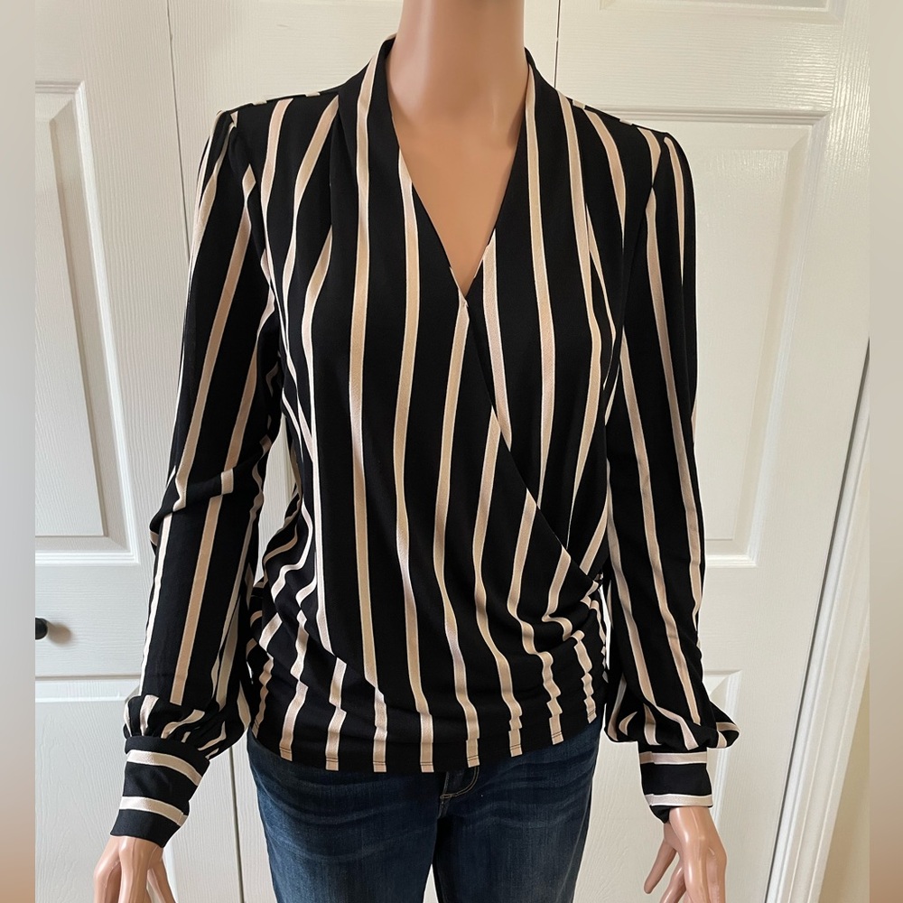 Adrianna Papell Black Ivory Striped Wrap Front Blouse